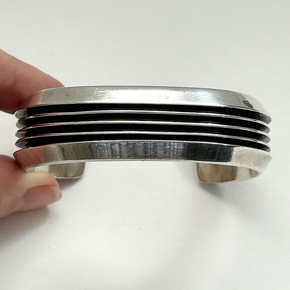 Vintage Signed Tom Hawk Navajo Four Channel Sterling Silver Cuff Bracelet